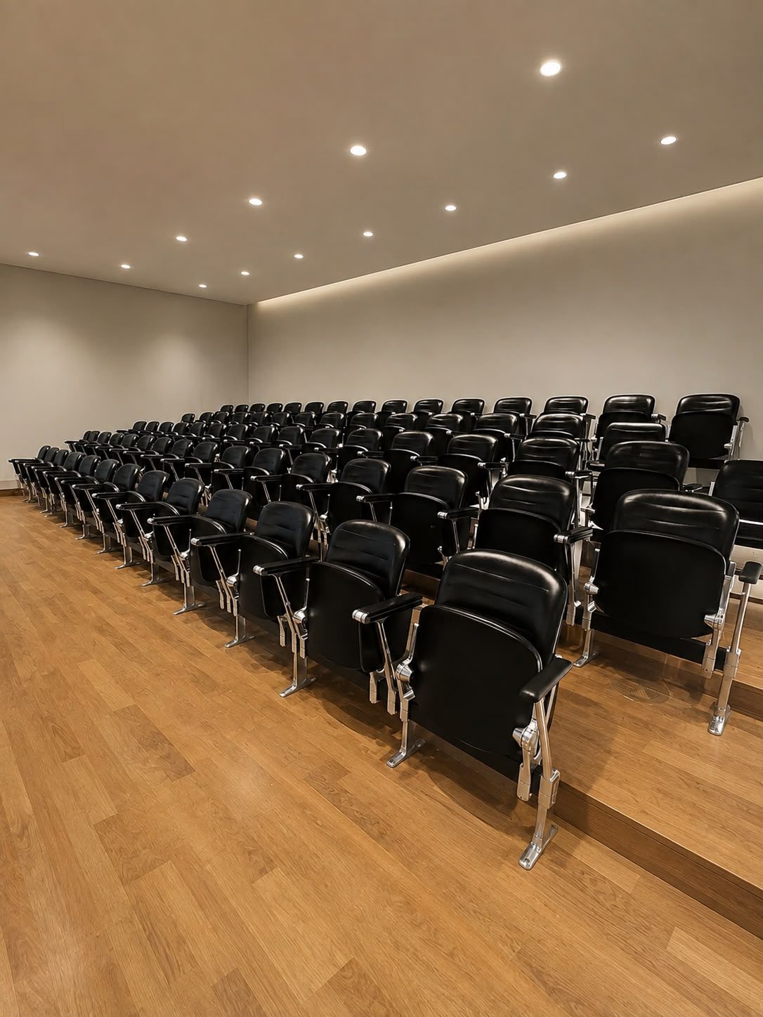 Restaurierte Castelli-Bestuhlung mit schwarzem Anilinleder im Auditorium